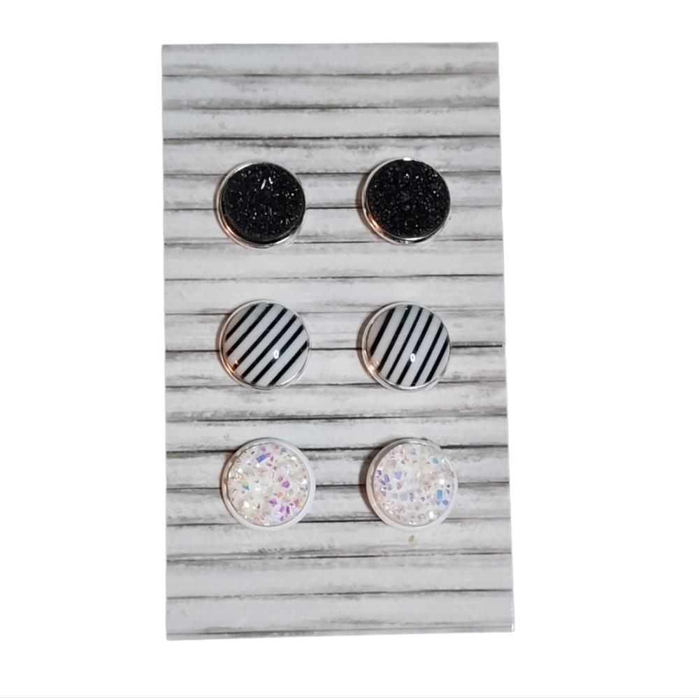 3 Pack Black/White Stud Earrings